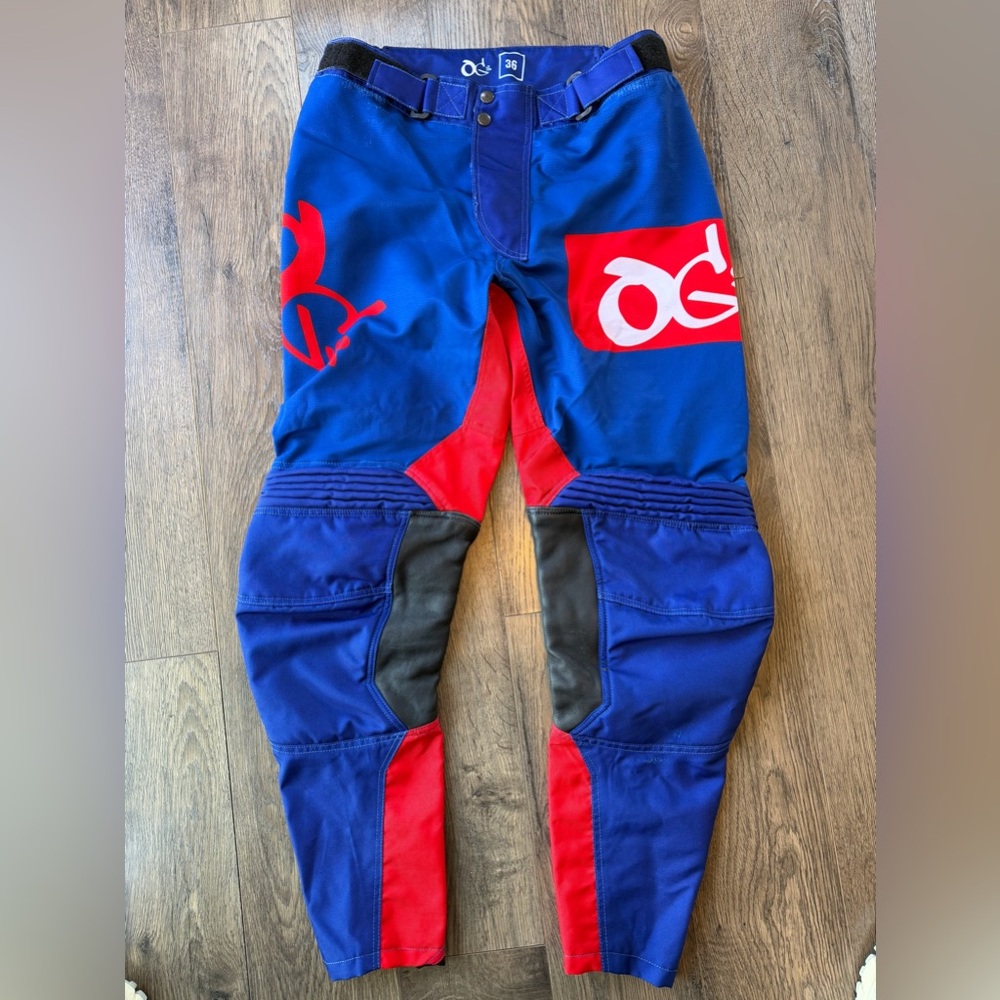 OG’s Gear Dirt Bike Riding Pants Men’s Size 36 Red Blue Leather Padded Stretch